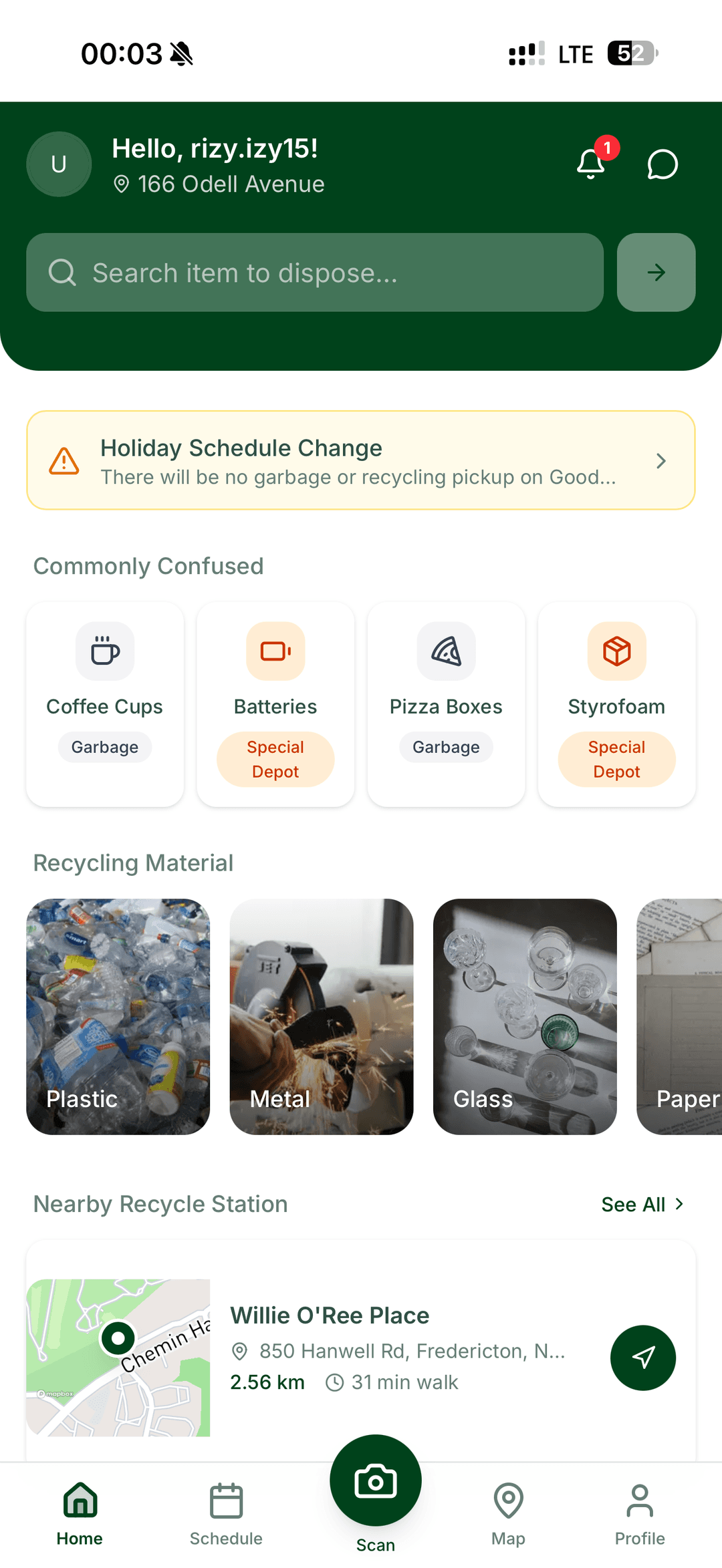Fred it Right home screen showing search, commonly confused items, recycling materials, and nearby depot